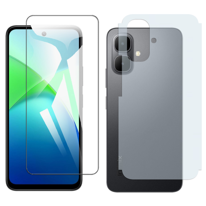 Infinix Smart 10 Glass Protector Polish Screen Tempered + Back Carbon Fiber Matte Soft Skin Sheet - Image 2 Infinix Smart 10 Glass Protector Polish Screen Tempered + Back Carbon Fiber Matte Soft Skin Sheet - Image 2