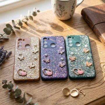 Premium Multicolor Glitter Case for Tecno Spark 8C with Heart Stone