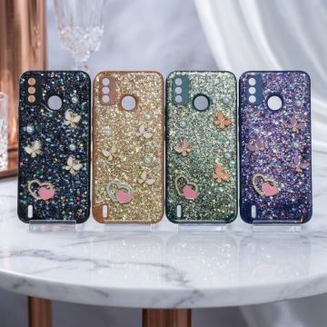 Premium Multicolor Glitter Case for Tecno Spark 6 Go with Heart Stone