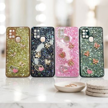 Premium Multicolor Glitter Case for Samsung A21s with Heart Stone