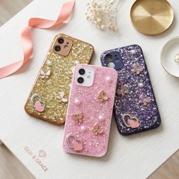 Premium Multicolor Glitter Case for iPhone 12 with Heart Stone