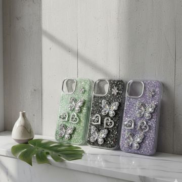 Premium Apple iPhone 15 Back Cover Featuring Shimmering Butterfly Motif and Crystal Accents
